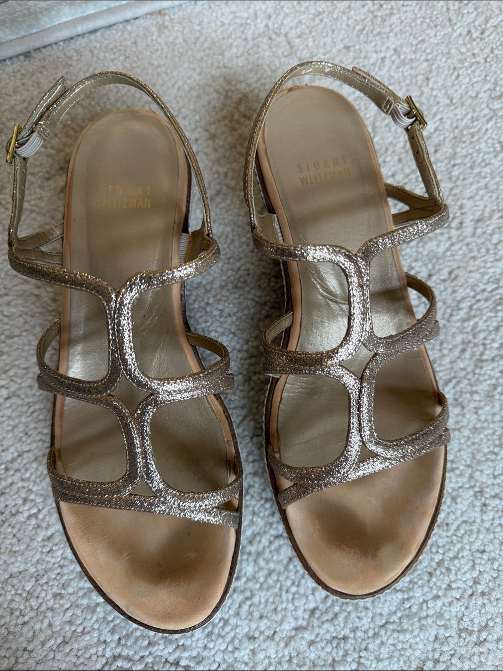 Stuart Weitzman Glitter Strappy Sandals in Rose Gold